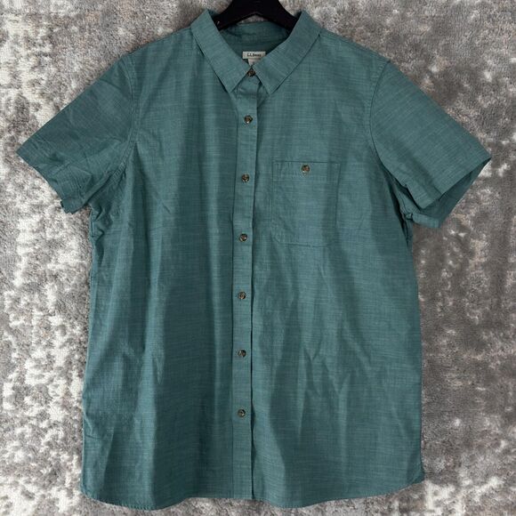 LL Bean Womens Size XL Cotton Button Shirt Green Short Sleeve Casual Collared - Picture 1 of 10